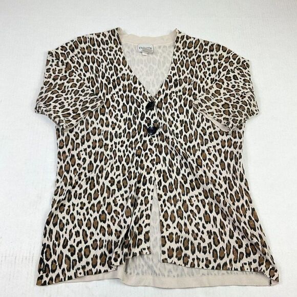 Chicos Silk Blend Cardigan Animal Print Short Sleeve Button Sweater 1 M Medium * - Picture 1 of 10